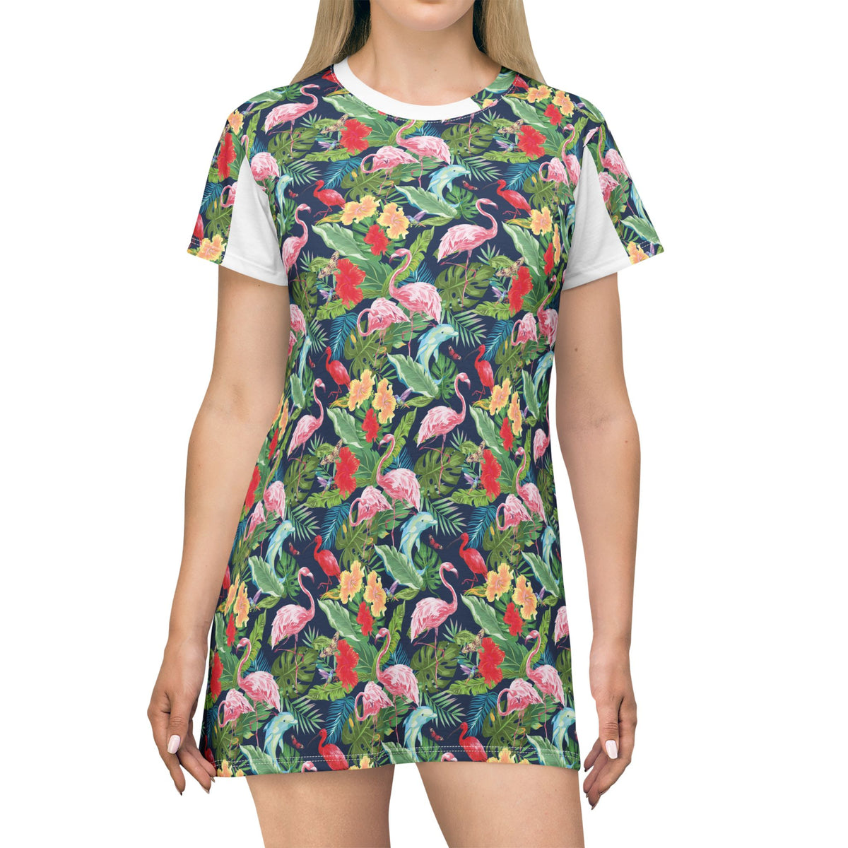 Tropical Flamingo T-Shirt Dress - Fun Floral Pattern