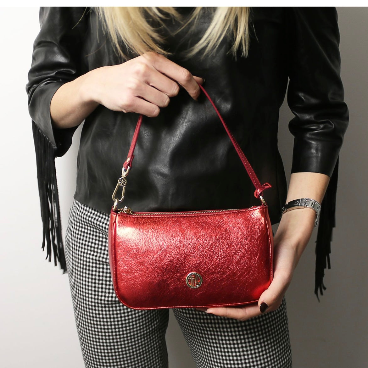 The Tropical Duchess Tuscany Leather Metallic Leather Clutch PARFAIT TL142543 in Red