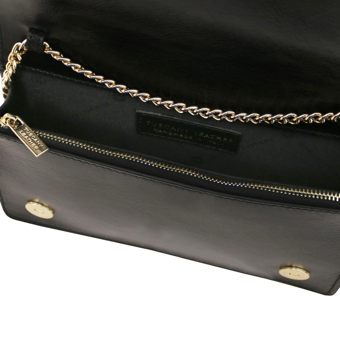 The Tropical Duchess Tuscany Leather Metallic Leather Clutch with Chain Strap OPERA TL142519 in Black