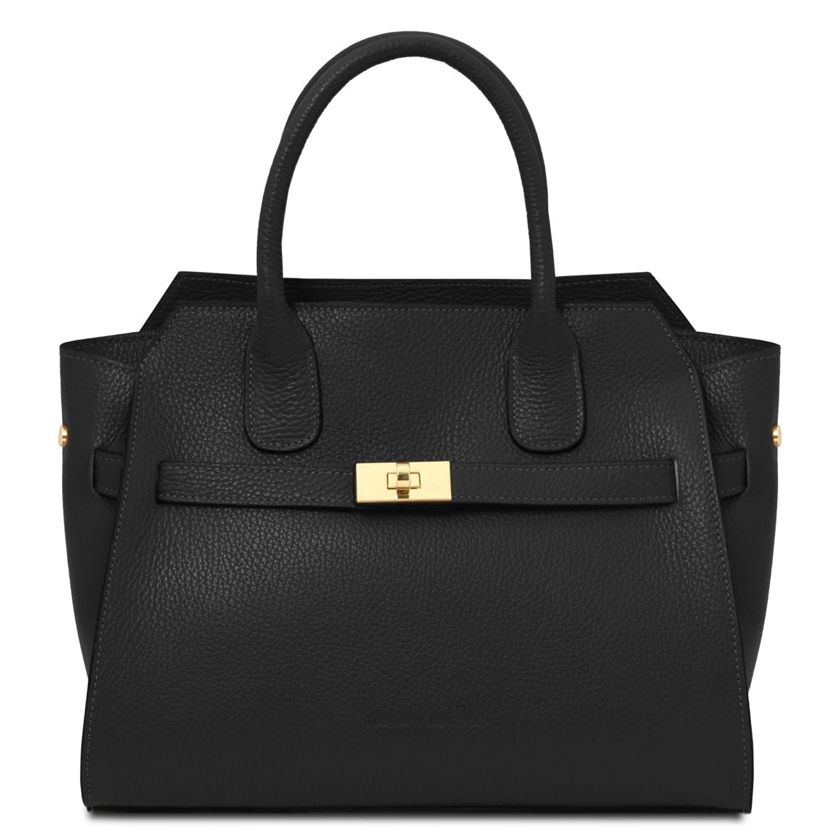Black handbag with a gold clasp on a white background