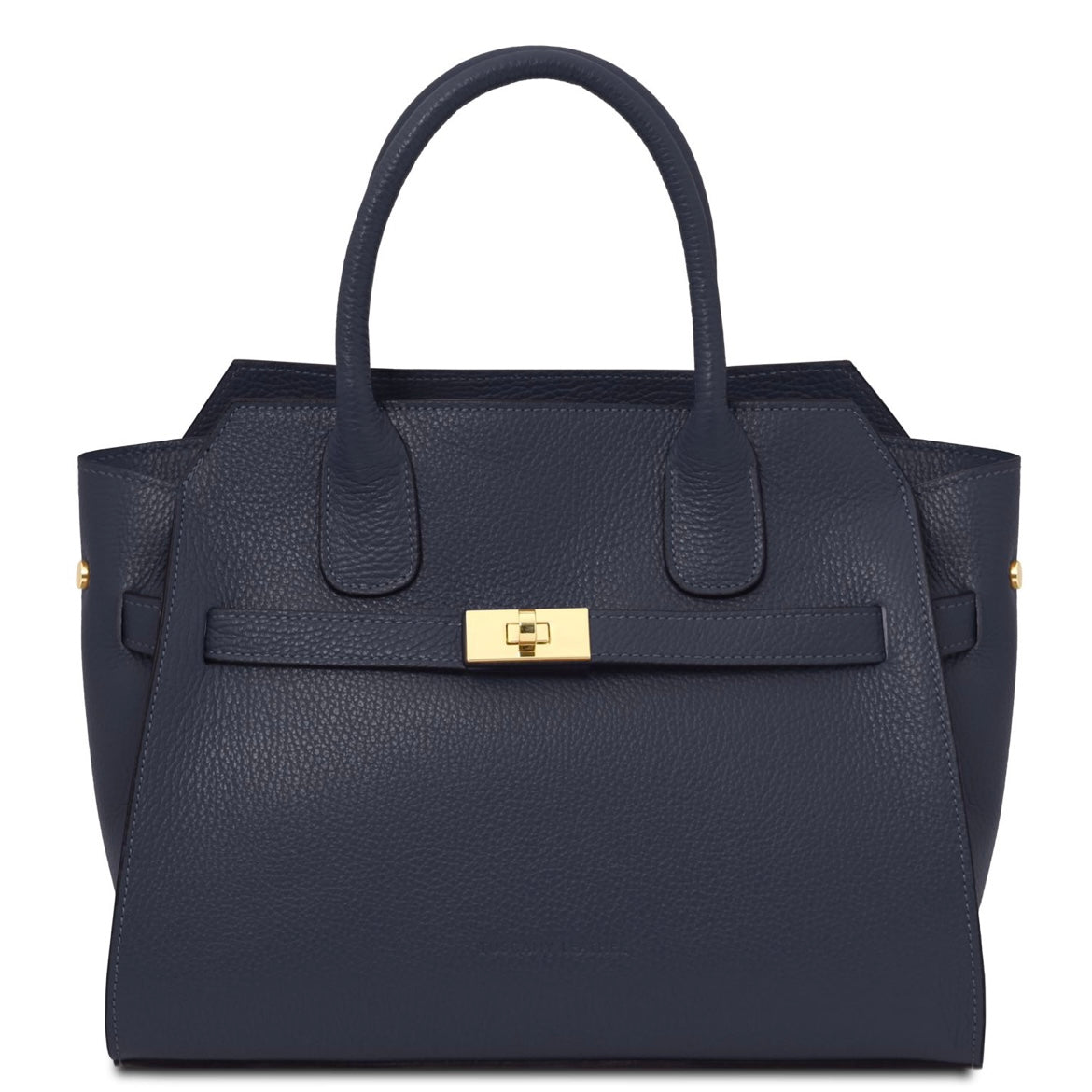 Navy blue handbag with a gold clasp on a white background