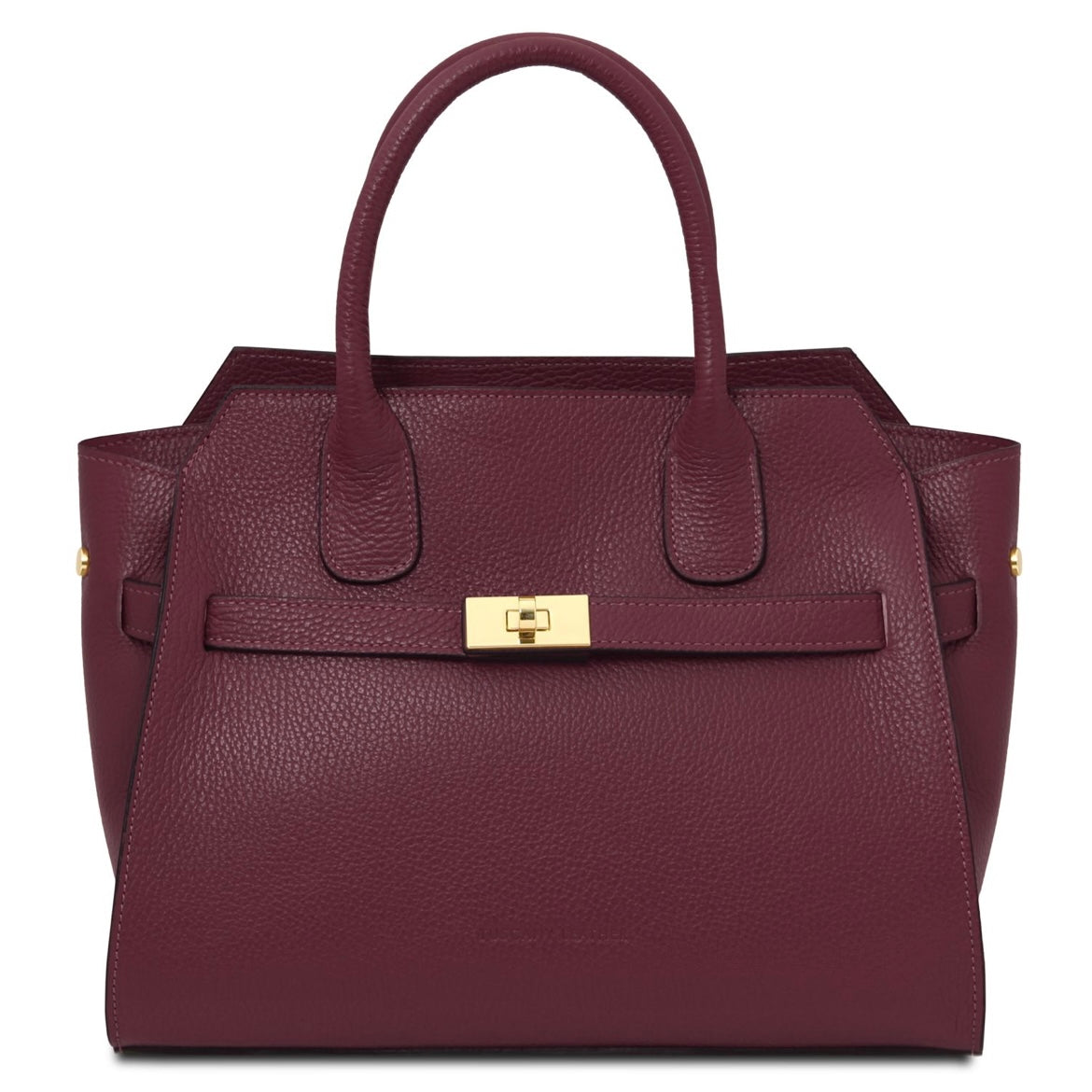 Maroon handbag with a gold clasp on a white background