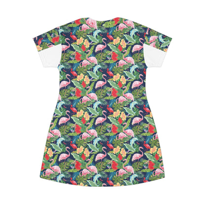 Tropical Flamingo T-Shirt Dress - Fun Floral Pattern