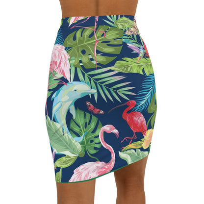 Tropical Duchess Mid-Waist Pencil Skirt - Elegant Green AOP Design