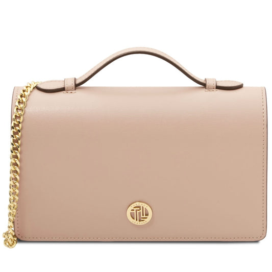 The Tropical Duchess Tuscany Leather OPERA TL142505 Leather Clutch With Chain Strap In Nude