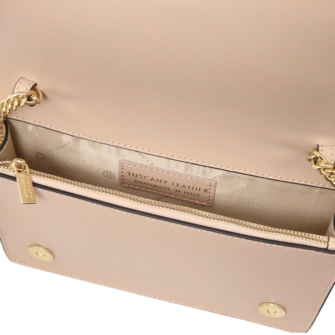 The Tropical Duchess Tuscany Leather OPERA TL142505 Leather Clutch With Chain Strap In Nude