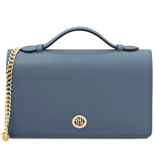 The Tropical Duchess Tuscany Leather OPERA TL142505 Leather Clutch With Chain Strap In Denim