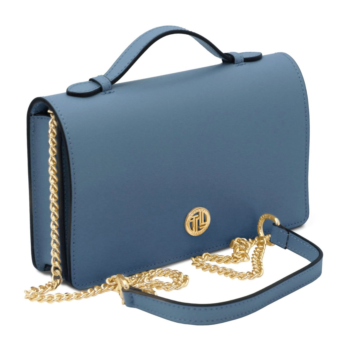 The Tropical Duchess Tuscany Leather OPERA TL142505 Leather Clutch With Chain Strap In Denim