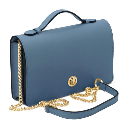 The Tropical Duchess Tuscany Leather OPERA TL142505 Leather Clutch With Chain Strap In Denim