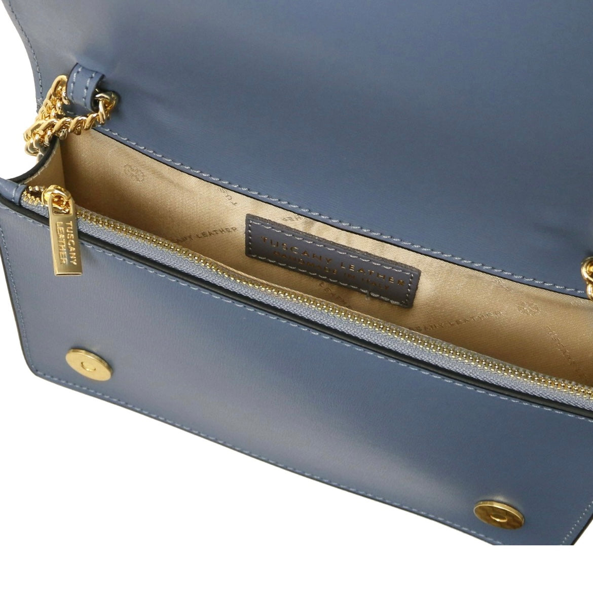 The Tropical Duchess Tuscany Leather OPERA TL142505 Leather Clutch With Chain Strap In Denim