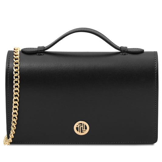 The Tropical Duchess Tuscany Leather OPERA TL142505 Leather Clutch With Chain Strap In Black