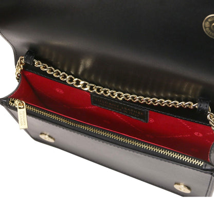 The Tropical Duchess Tuscany Leather OPERA TL142505 Leather Clutch With Chain Strap In Black