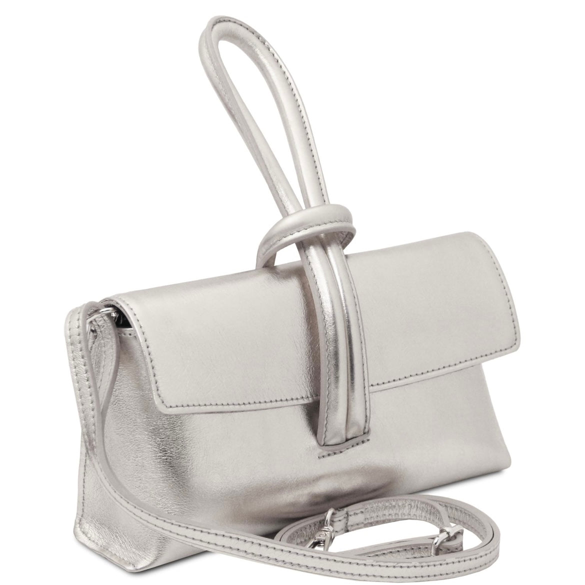 The Tropical Duchess Tuscany Leather Metallic Leather Clutch in Silver TL141993