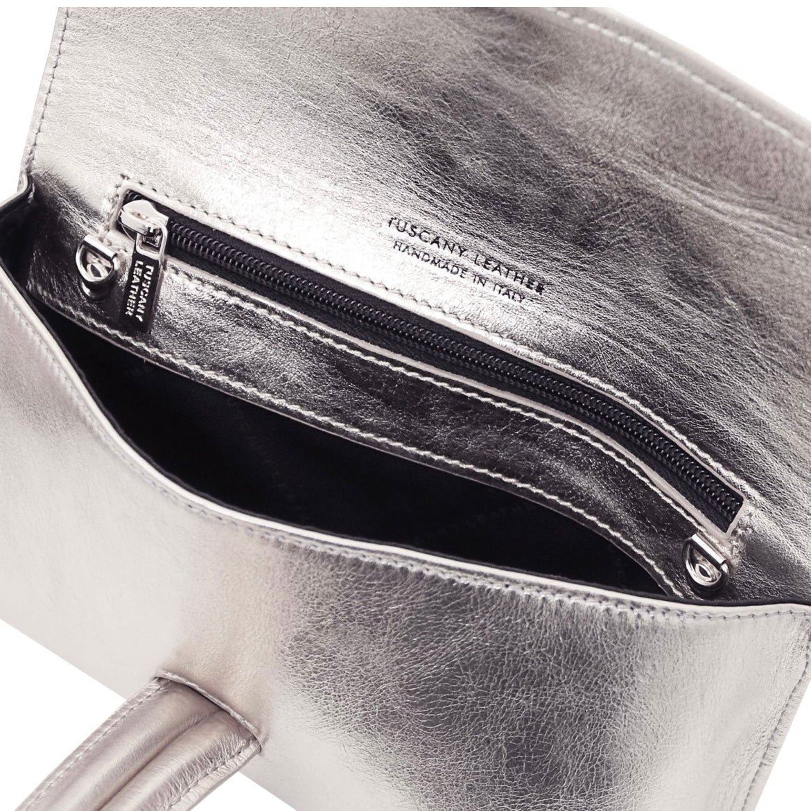 The Tropical Duchess Tuscany Leather Metallic Leather Clutch in Silver TL141993