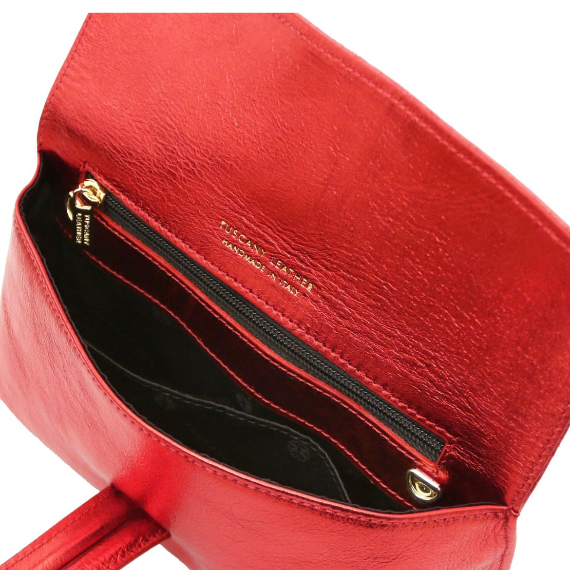 The Tropical Duchess Tuscany Leather Metallic Leather Clutch in Red TL141993