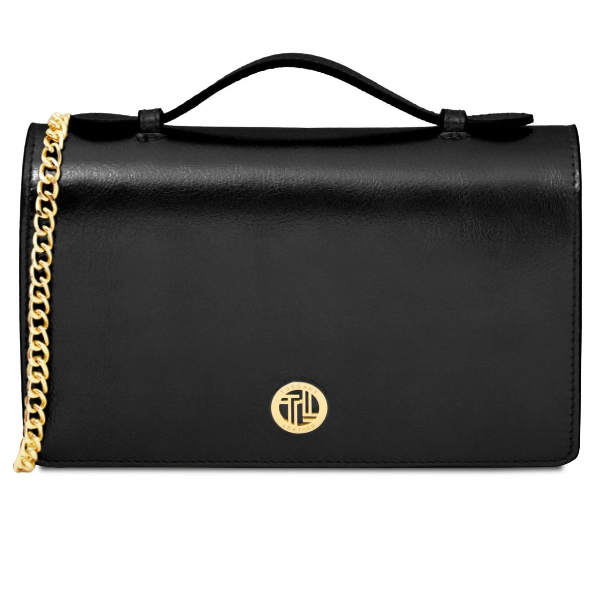The Tropical Duchess Tuscany Leather Metallic Leather Clutch with Chain Strap OPERA TL142519 in Black