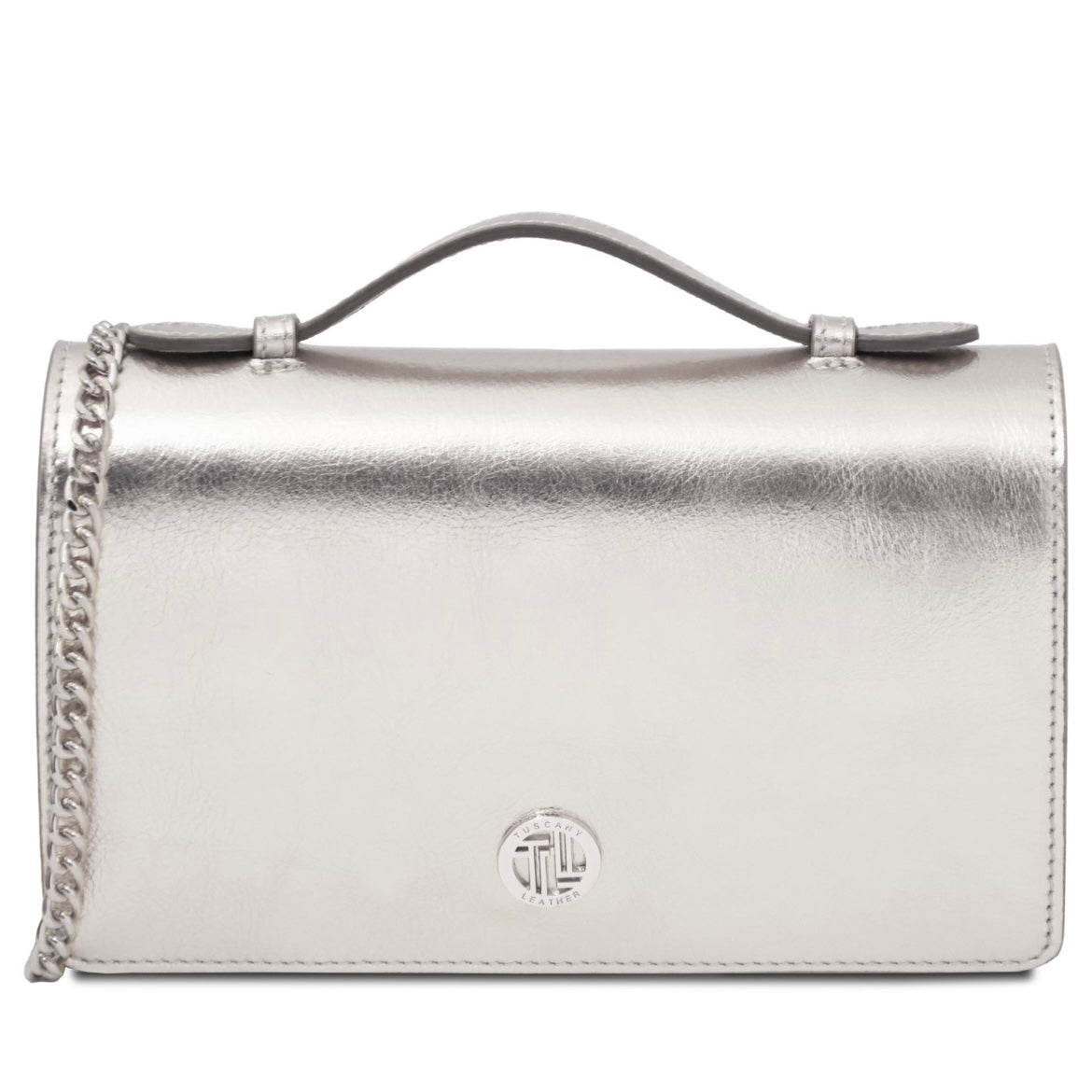 The Tropical Duchess Tuscany Leather Metallic Leather Clutch with Chain Strap OPERA TL142519 in Silver