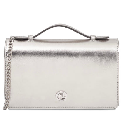 The Tropical Duchess Tuscany Leather Metallic Leather Clutch with Chain Strap OPERA TL142519 in Silver