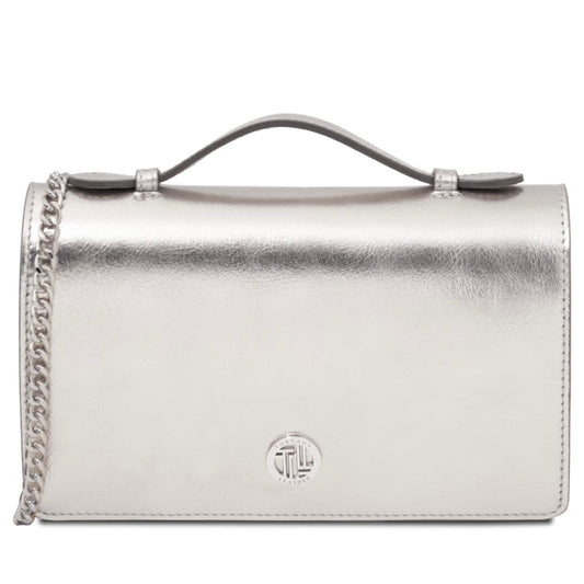 The Tropical Duchess Tuscany Leather Metallic Leather Clutch with Chain Strap OPERA TL142519 in Silver