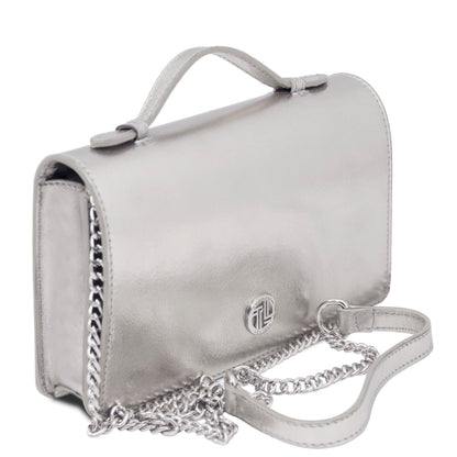 The Tropical Duchess Tuscany Leather Metallic Leather Clutch with Chain Strap OPERA TL142519 in Silver