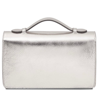 The Tropical Duchess Tuscany Leather Metallic Leather Clutch with Chain Strap OPERA TL142519 in Silver