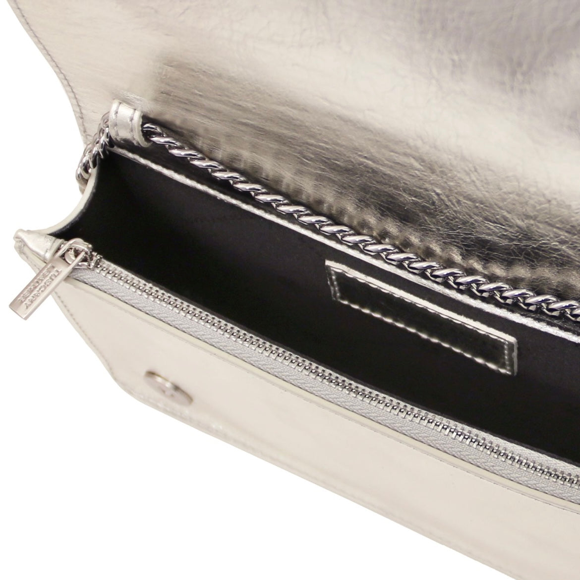 The Tropical Duchess Tuscany Leather Metallic Leather Clutch with Chain Strap OPERA TL142519 in Silver