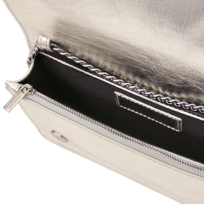 The Tropical Duchess Tuscany Leather Metallic Leather Clutch with Chain Strap OPERA TL142519 in Silver