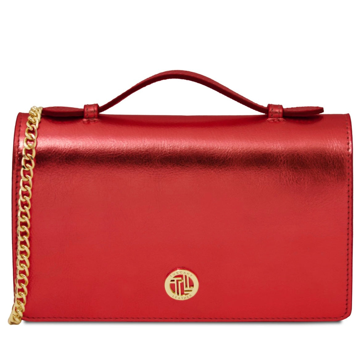 The Tropical Duchess Tuscany Leather Metallic Leather Clutch with Chain Strap OPERA TL142519 in Red