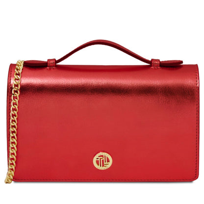 The Tropical Duchess Tuscany Leather Metallic Leather Clutch with Chain Strap OPERA TL142519 in Red