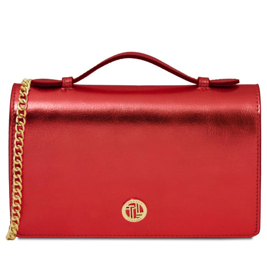 The Tropical Duchess Tuscany Leather Metallic Leather Clutch with Chain Strap OPERA TL142519 in Red