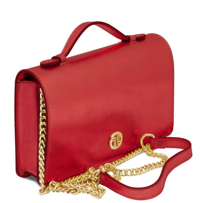 The Tropical Duchess Tuscany Leather Metallic Leather Clutch with Chain Strap OPERA TL142519 in Red