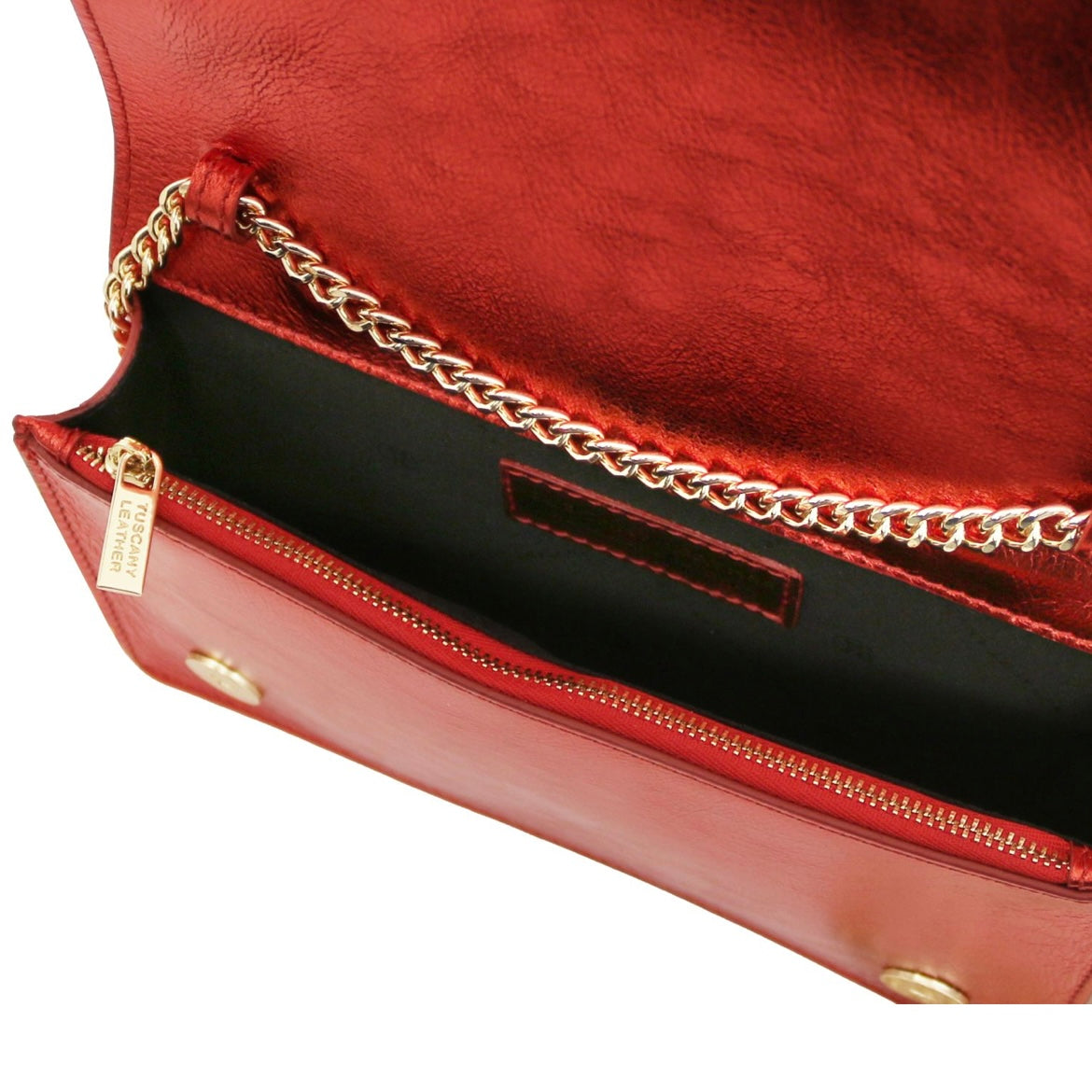 The Tropical Duchess Tuscany Leather Metallic Leather Clutch with Chain Strap OPERA TL142519 in Red