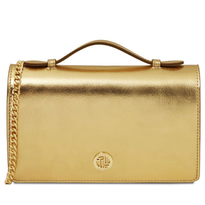 The Tropical Duchess Tuscany Leather Metallic Leather Clutch with Chain Strap OPERA TL142519 in Gold
