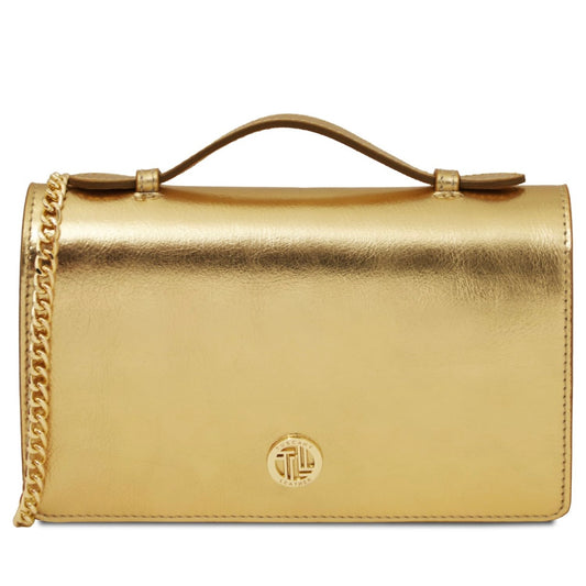 The Tropical Duchess Tuscany Leather Metallic Leather Clutch with Chain Strap OPERA TL142519 in Gold