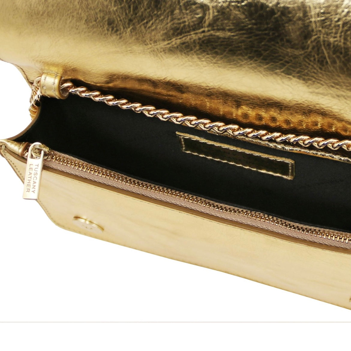 The Tropical Duchess Tuscany Leather Metallic Leather Clutch with Chain Strap OPERA TL142519 in Gold