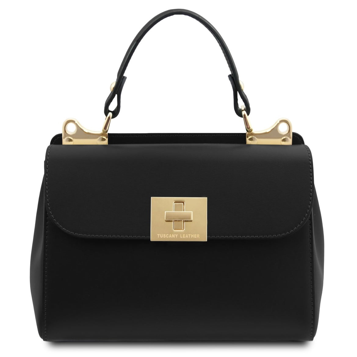 Black handbag with gold accents on a white background