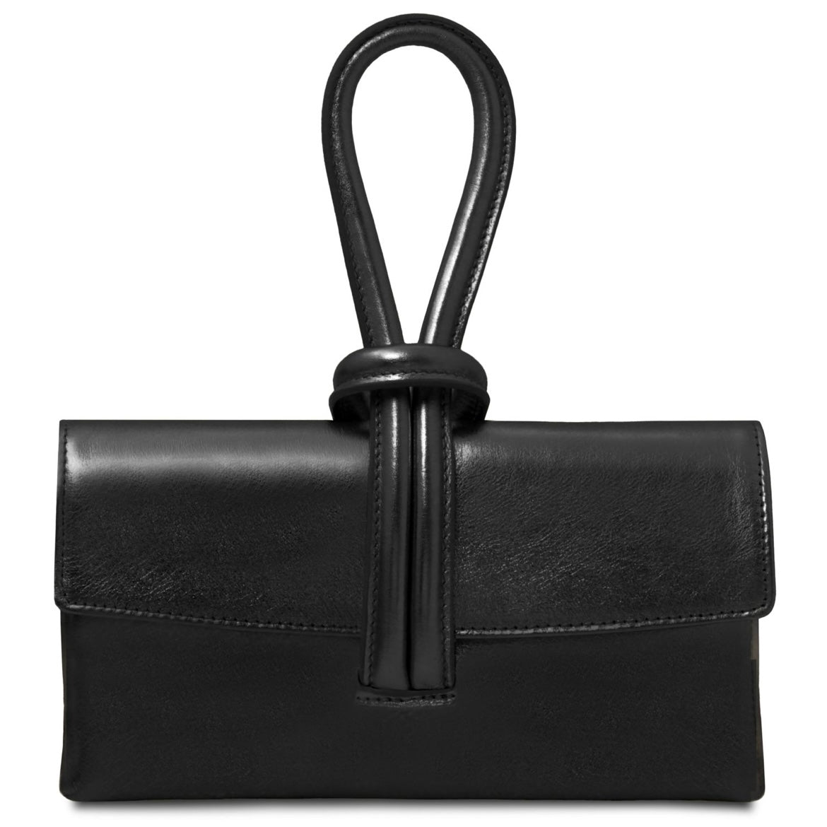 Black leather handbag with a knotted handle on a white background