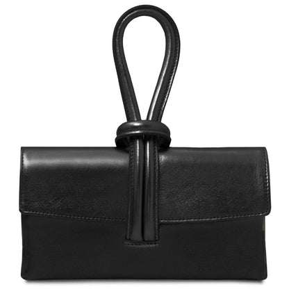Black leather handbag with a knotted handle on a white background