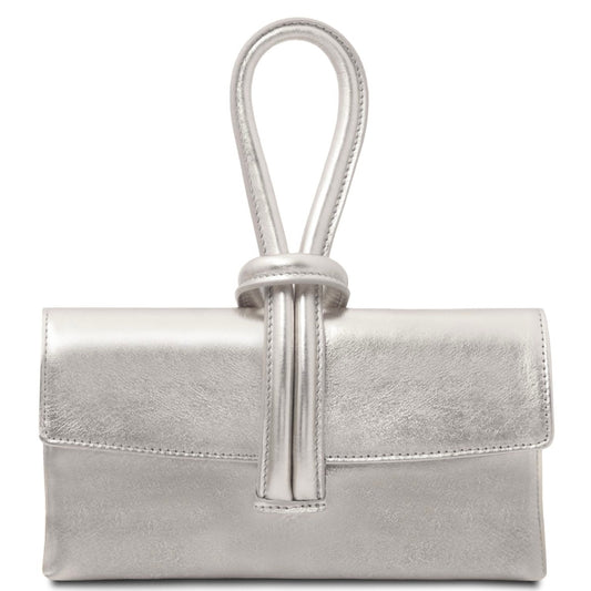 Silver clutch bag with a handle on a white background