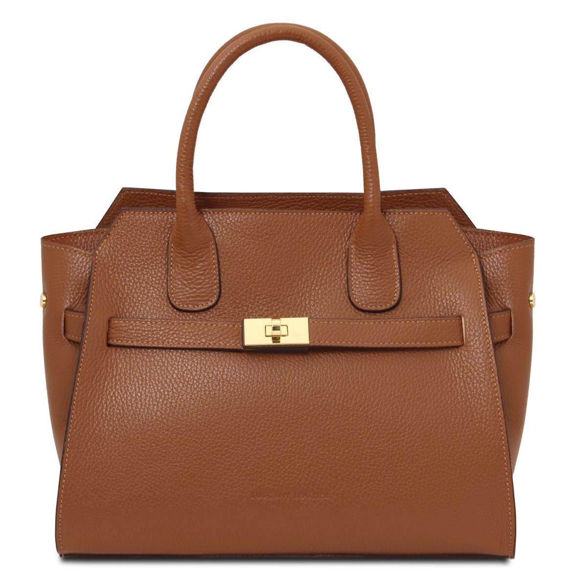 Brown leather handbag with a gold clasp on a white background