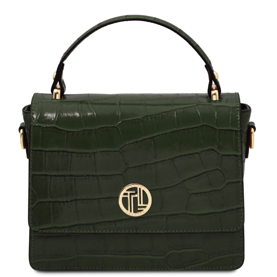 Green crocodile-patterned handbag with a gold logo on a white background