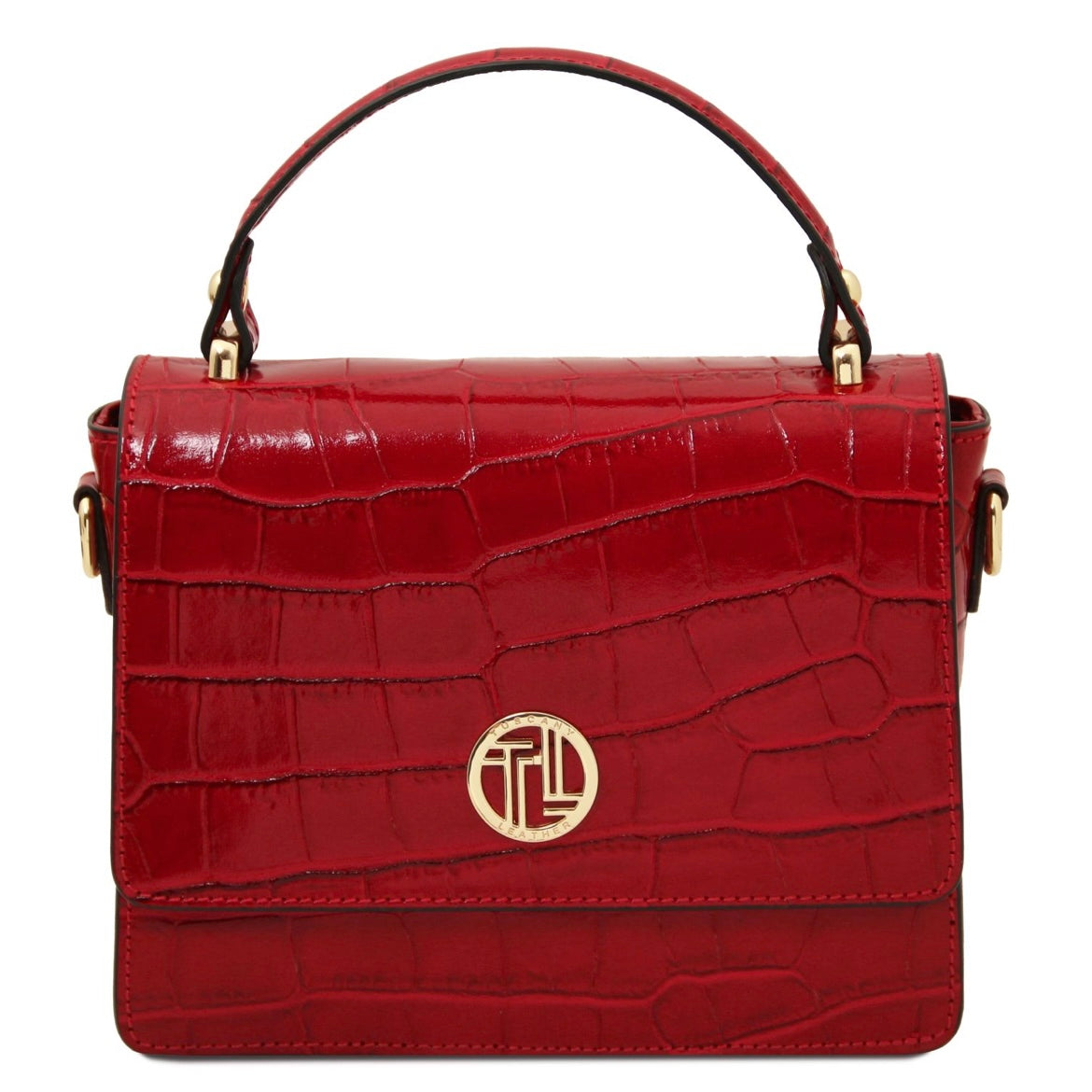 Red crocodile-patterned handbag with a gold logo on a white background