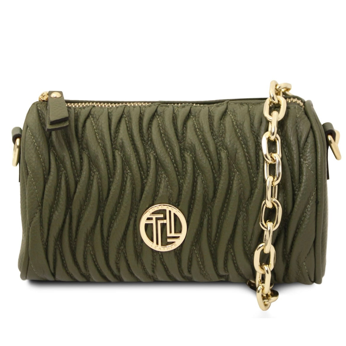 Green handbag with gold chain strap and logo on a white background