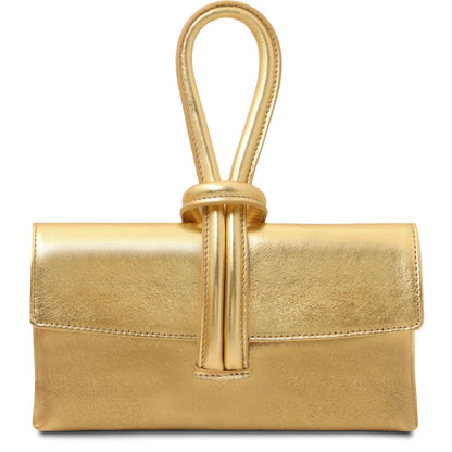 Gold handbag with a handle on a white background