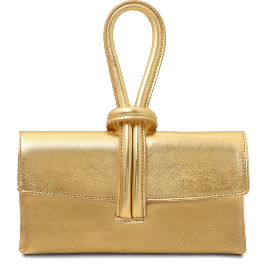 Gold handbag with a handle on a white background