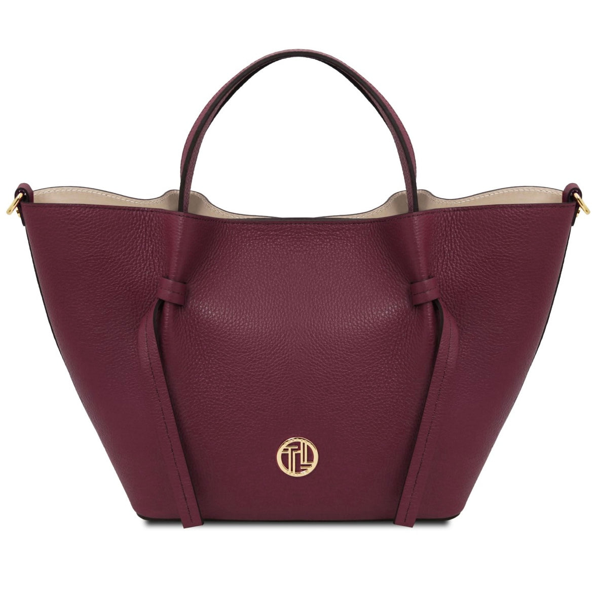 Maroon handbag with a gold logo on a white background