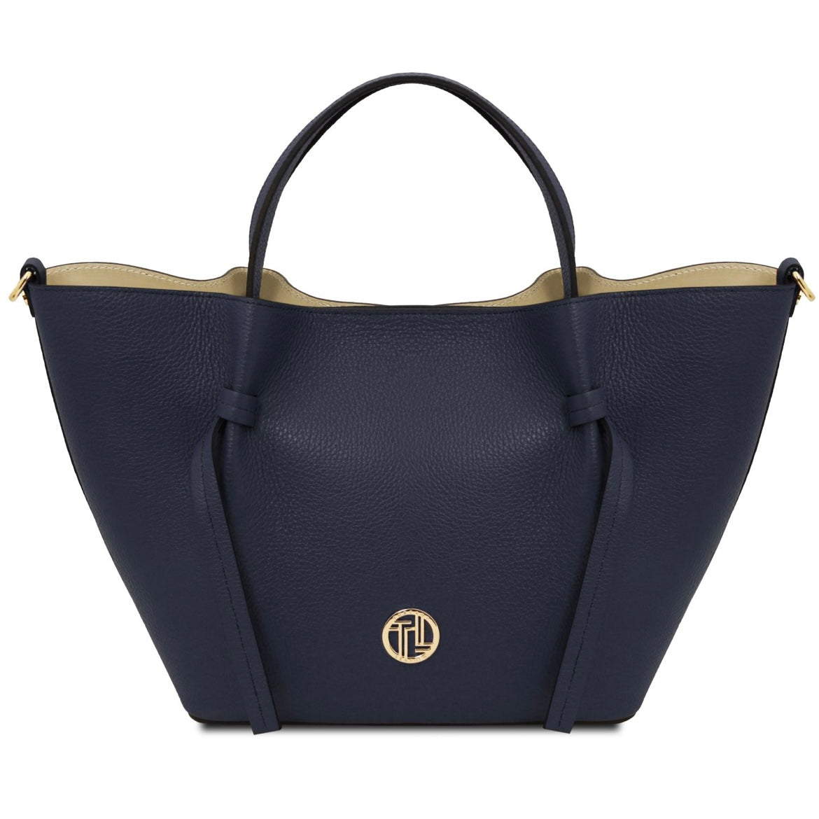 Navy blue handbag with a gold logo on a white background