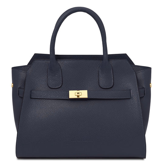 Navy blue handbag with a gold clasp on a white background