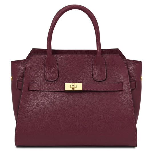 Maroon handbag with a gold clasp on a white background