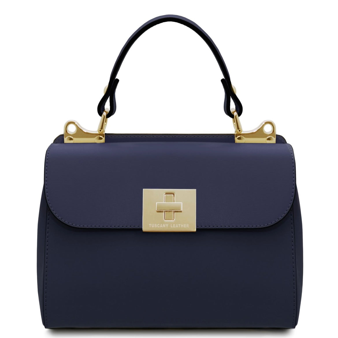 Navy handbag with gold clasp and handle on a white background